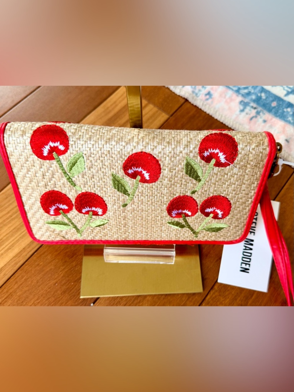 Steve Madden Straw-Textured Zip-Around Wallet Featuring Embroidered Cherries NWT - Picture 4 of 10